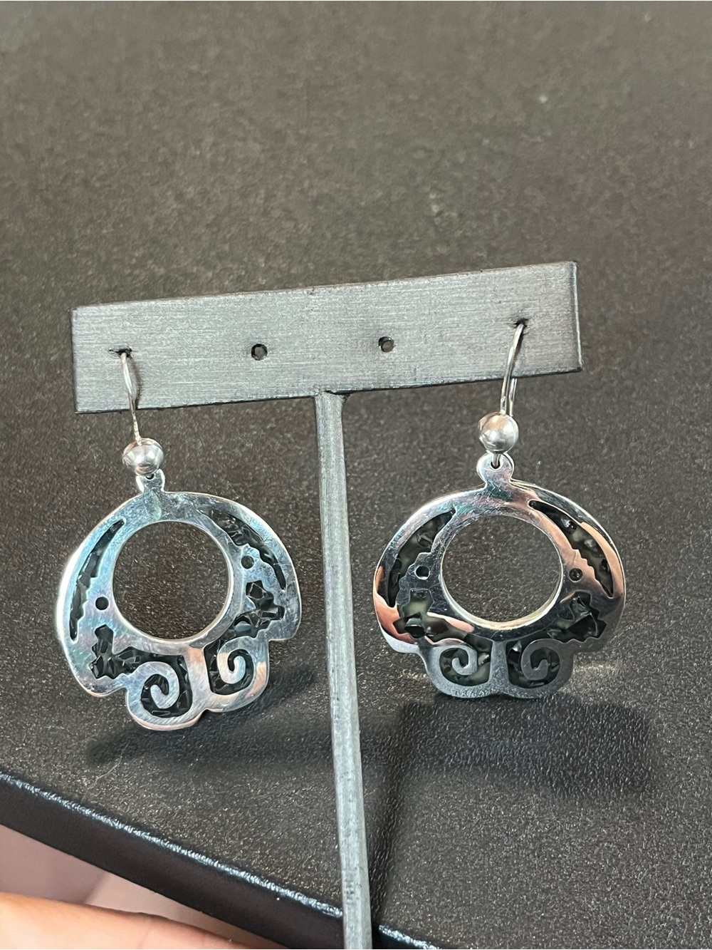 Sterling Silver Earrings with black mosaic stone inlay. 22g. Signed. Mexico